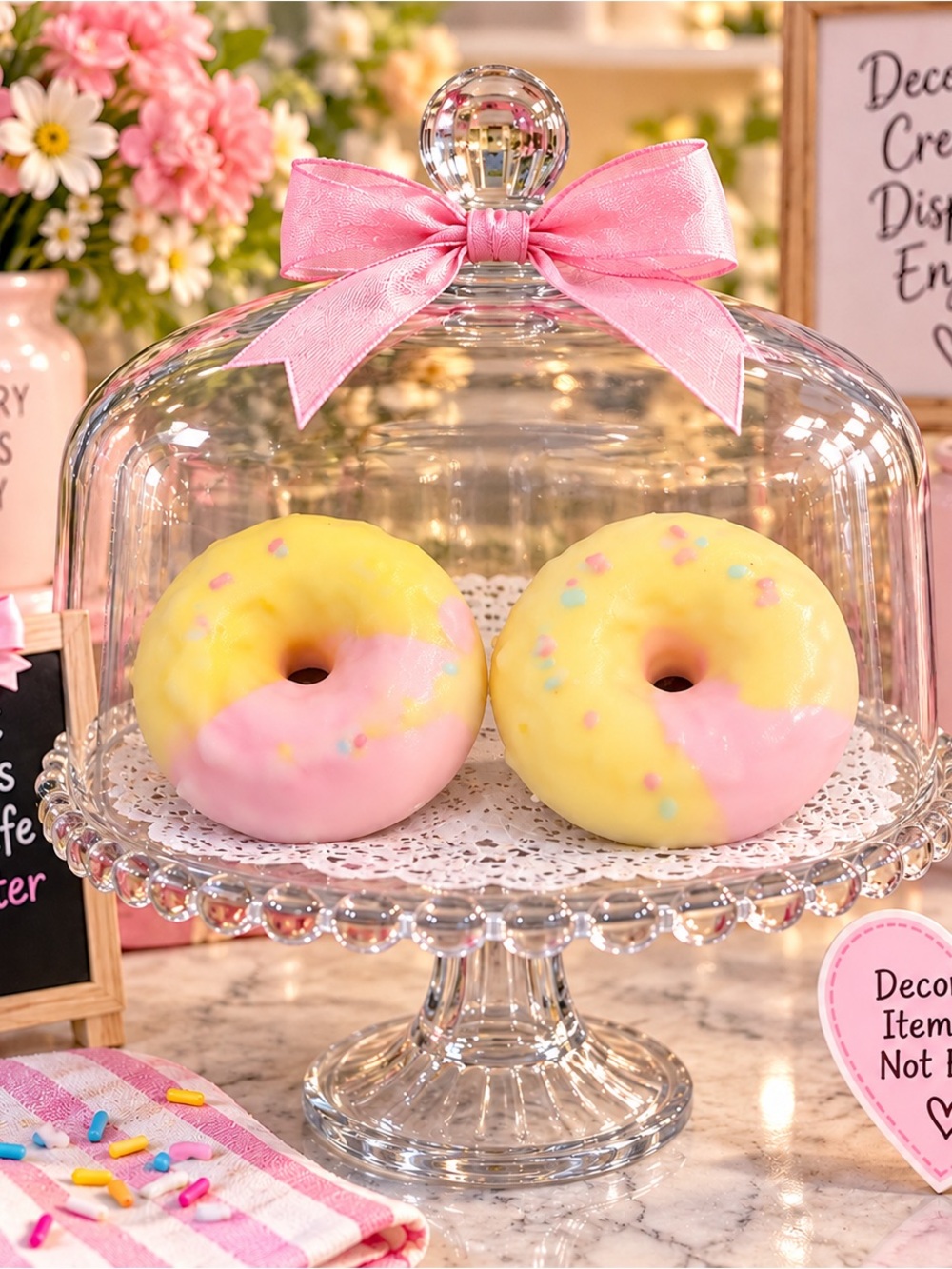 Glass Cake Stand with Dome and Pink Bow - Yellow & Pink Display
